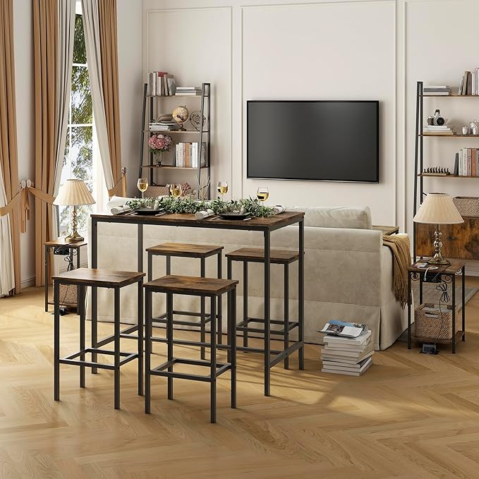 NicBex Dining Room Table Set for 4 Bar Table and Chairs Set 5Pc Dining Table Set with High Stools Space-Saving Design Apartment, Small Space, Industrial Style, Antique Brown - LeafyLoom