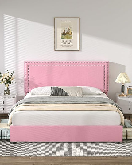 VECELO Queen Size Upholstered Platform Bed Frame with 4 Storage Drawers, Adjustable Velvet Rivets Headboard, Wooden Slats Support, No Box Spring Needed, Easy Assembly - LeafyLoom