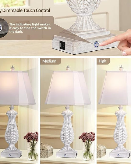 3-Way Dimmable Table Lamps for Bedrooms Set of 2, 30" H Touch Lamps for Living Room with 2 USB Ports and AC Outlet, White Mermaid Bedside Lamp for Nightstand, Resin Farmhouse Rustic Lamp with 2 Bulb - LeafyLoom