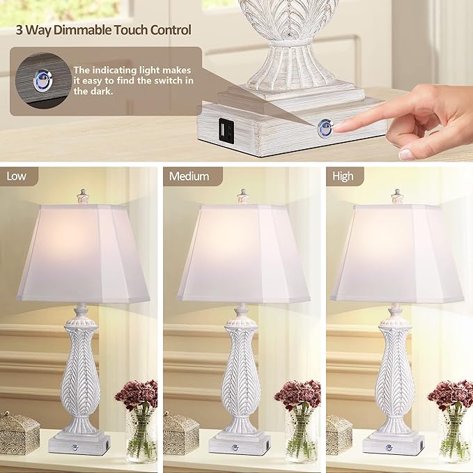 3-Way Dimmable Table Lamps for Bedrooms Set of 2, 30" H Touch Lamps for Living Room with 2 USB Ports and AC Outlet, White Mermaid Bedside Lamp for Nightstand, Resin Farmhouse Rustic Lamp with 2 Bulb - LeafyLoom