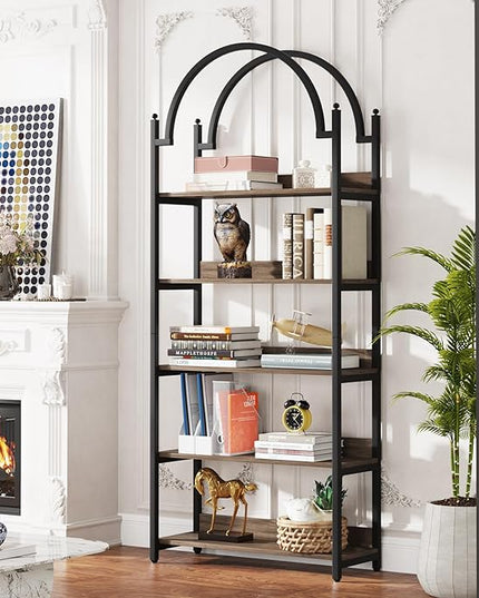 Tribesigns 5-Shelf Arched Bookcase, 72 inch Tall Rustic Wood Shelf with Black Metal Frame, Industrial Freestanding Open Bookshelf for Bedroom, Living Room,Small Spaces (Oak+Black, 1PC) - LeafyLoom