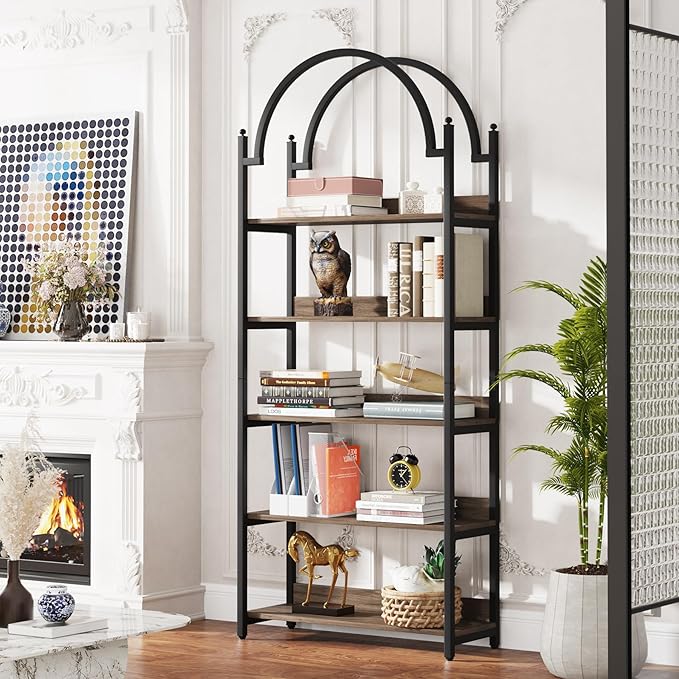 Tribesigns 5-shelf Arched Bookcase, 72 inch Tall Rustic Wood Shelf with Black Metal Frame, Industrial Freestanding Open Bookshelf for Bedroom, Living Room,Small Spaces (2, Oak+Black) - LeafyLoom