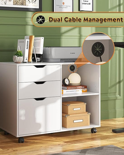 DEVAISE 3-Drawer Wood File Cabinet, Mobile Lateral Filing Cabinet, Printer Stand with Open Storage Shelves for Home Office, White - LeafyLoom