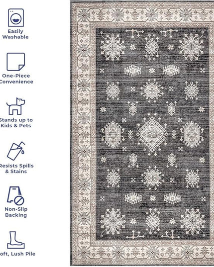 nuLOOM Mollie Machine Washable Traditional Border Ultra Thin Area Rug, 4x6, Charcoal - LeafyLoom