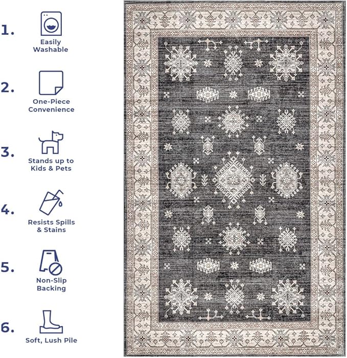 nuLOOM Mollie Machine Washable Traditional Border Ultra Thin Area Rug, 5' x 8', Charcoal - LeafyLoom