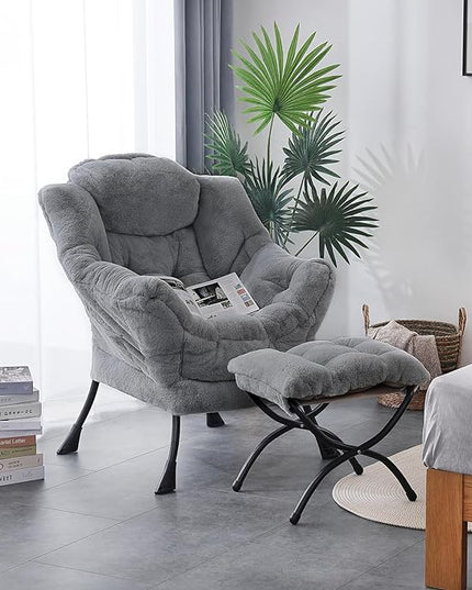 LITA Lazy Chair with Ottoman, Modern Accent Leisure Upholstered Sofa Chair, Contemporary Lounge Reading Chair with Armrests and a Side Pocket for Living Room, Bedroom & Small Space, Plush Grey - LeafyLoom