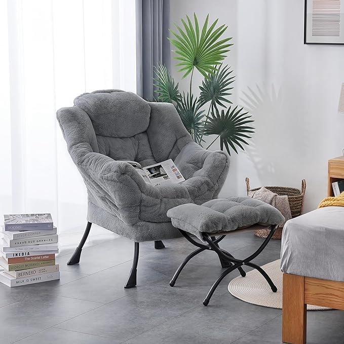 LITA Lazy Chair with Ottoman, Modern Accent Leisure Upholstered Sofa Chair, Contemporary Lounge Reading Chair with Armrests and a Side Pocket for Living Room, Bedroom & Small Space, Plush Grey - LeafyLoom