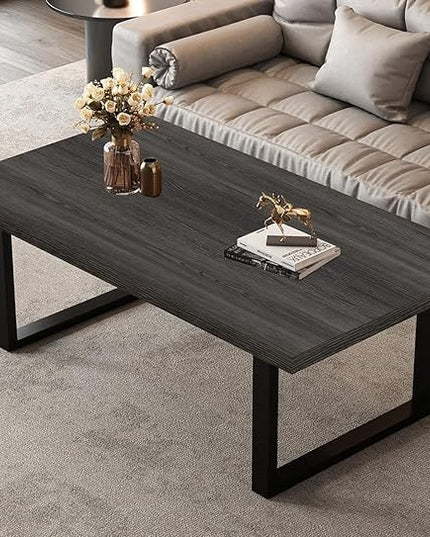 IBF Rustic Coffee Table, Wood and Metal Simple Industrial Modern Center Table, Minimalist Rectangle Wooden Farmhouse Cocktail Table for Living Room, Dark Gray Oak, 47 Inch - LeafyLoom