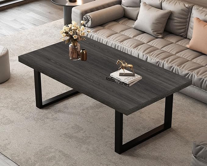 IBF Rustic Coffee Table, Wood and Metal Simple Industrial Modern Center Table, Minimalist Rectangle Wooden Farmhouse Cocktail Table for Living Room, Dark Gray Oak, 47 Inch - LeafyLoom