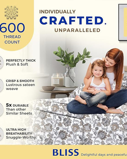 THREAD SPREAD 100% Egyptian Cotton Printed Bed Sheets - 600 Thread Count 4 PC Full Sheet Set, Hotel Luxury Sateen Bedsheets, 16" Deep Pocket Soft Cooling Sheets for Full Size Bed - Floral Ivory - LeafyLoom