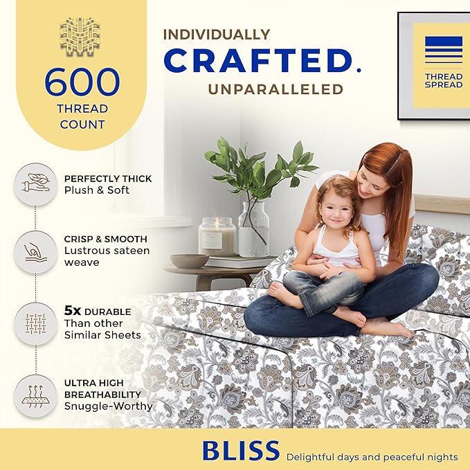 THREAD SPREAD 100% Egyptian Cotton Printed Bed Sheets - 600 Thread Count 3 PC Twin XL Sheet Set, Hotel Luxury Sateen Bedsheets, 16" Deep Pocket Cooling Sheets for Twin XL Size Bed - Floral Ivory - LeafyLoom