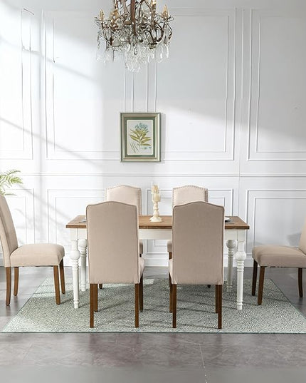 Stylish Upholstered Parsons Nailhead Trim and Sturdy Solid Wood Legs Dining Chairs, Set of 6, Cream - LeafyLoom