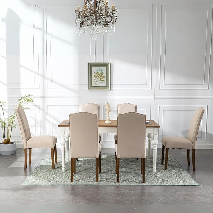 Stylish Upholstered Parsons Nailhead Trim and Sturdy Solid Wood Legs Dining Chairs, Set of 6, Cream - LeafyLoom