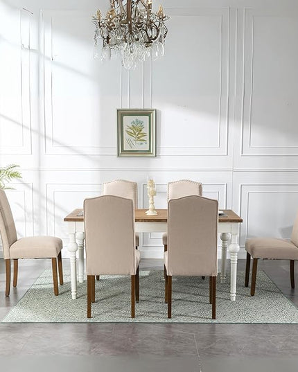 Stylish Upholstered Parsons Nailhead Trim and Sturdy Solid Wood Legs Dining Chairs, Set of 4, Cream - LeafyLoom