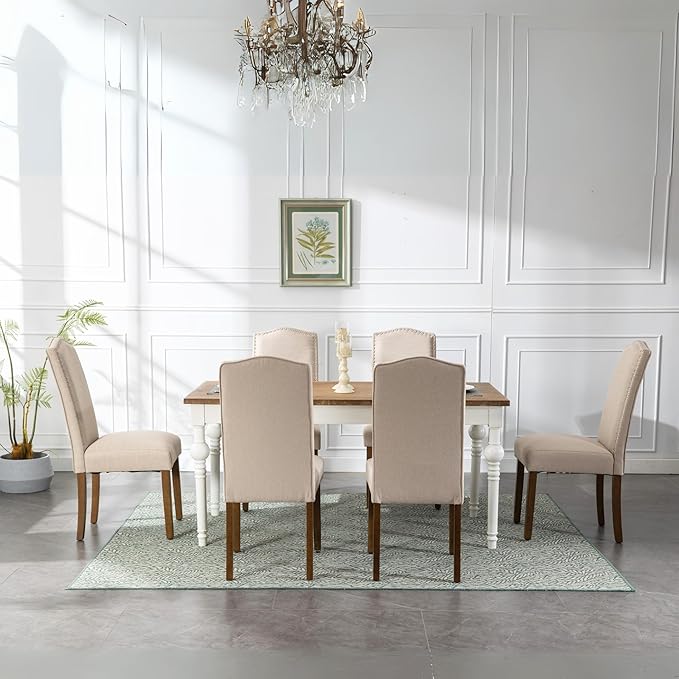 Stylish Upholstered Parsons Nailhead Trim and Sturdy Solid Wood Legs Dining Chairs, Set of 4, Cream - LeafyLoom