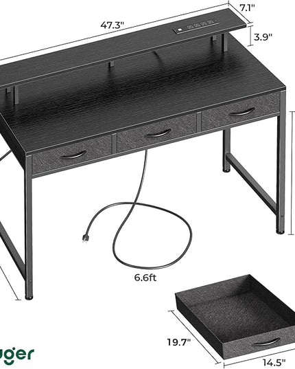 47 inch Computer Desk with 3 Drawers, Office Desk Gaming Desk with LED Lights & Power Outlets, Home Office Desks with Storage Space for Bedroom, Work from Home, Black - LeafyLoom