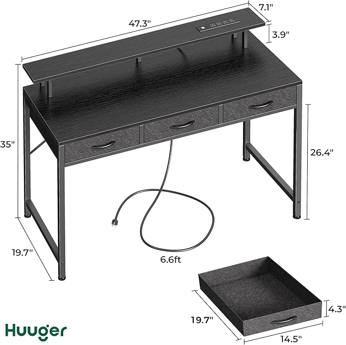 47 inch Computer Desk with 3 Drawers, Office Desk Gaming Desk with LED Lights & Power Outlets, Home Office Desks with Storage Space for Bedroom, Work from Home, Black - LeafyLoom