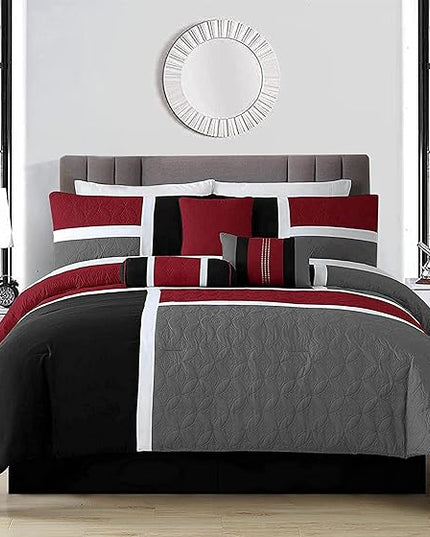 Chezmoi Collection 7-Piece Quilted Patchwork Comforter Set, Red/Gray/Black, Queen - LeafyLoom