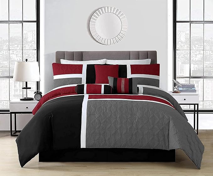 Chezmoi Collection 7-Piece Quilted Patchwork Comforter Set, Red/Gray/Black, Queen - LeafyLoom