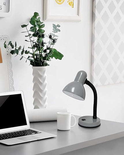 Simple Designs LD1003-GRY-LB 14.25" Basic Metal Desk Lamp with Flexible Hose Neck for Office, Living Room, Bedroom, College Dorm, Bookshelf, Silver, with Feit LED Bulb Included - LeafyLoom