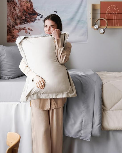 Bedsure Beige Twin XL Comforter Sets - 5 Pieces Reversible Twin XL Bedding Sets, Bed Sets Comforters, Sheets, Pillowcase & Sham, Grey XL Twin Bed in a Bag for College - LeafyLoom