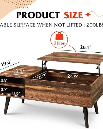WLIVE Wood Lift Top Coffee Table with Hidden Compartment and Adjustable Storage Shelf, Lift Tabletop Dining Table for Home Living Room, Office, Rustic Oak - LeafyLoom