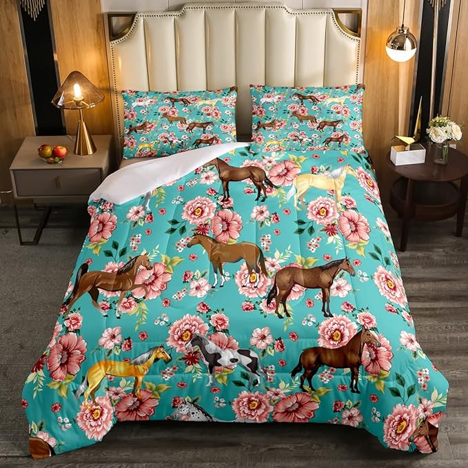 Horse Bedding Set Queen Chic Retro Blossom Comforter Set For Kids Girls Teens Galloping Horse Comforter Romantic Aesthetic Style 3D Wild Farm Animal Duvet Set Bedroom Decor Quilt Set, Green Pink - LeafyLoom