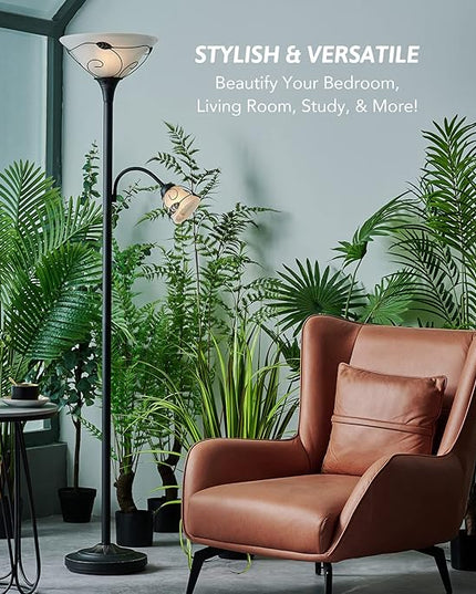 VONLUCE Torchiere Floor Lamp with Side Reading Light, 3-Way Switch Combo Antique Bronze Mother Daughter Floor Lamp with Glass Shade, 71" Desk Floor Lamp for Living Room Corner Bedroom Home Office - LeafyLoom