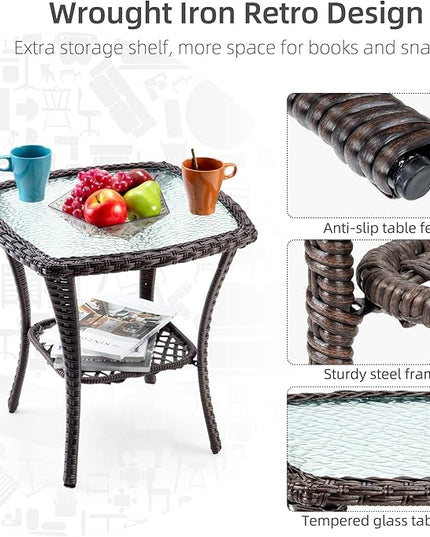IDEALHOUSE 3 Pieces Outdoor Wicker Swivel Rocker Patio Set, 360-Degree Swivel Rocking Chair Elegant Wicker Patio Bistro Set with Tempered Glass Top Side Table (Apricot) - LeafyLoom