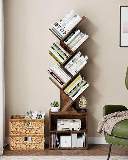 Vagusicc 6 Tier Tree Bookshelf, Modern Floor Standing Bookcase with Storage Drawer, Space Saving Storage Organizer Book Shelves for Books, Tall Wood Storage Rack for Bedroom/Living Room/Home Office - LeafyLoom