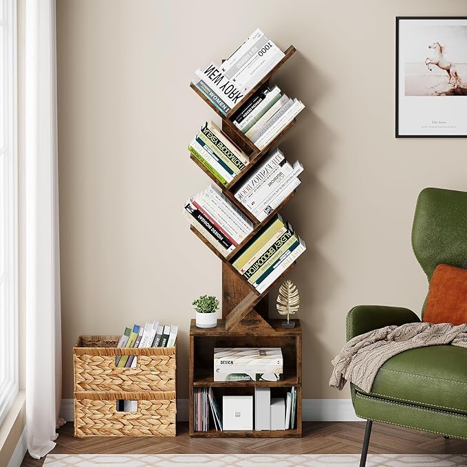 Vagusicc 6 Tier Tree Bookshelf, Modern Floor Standing Bookcase with Storage Drawer, Space Saving Storage Organizer Book Shelves for Books, Tall Wood Storage Rack for Bedroom/Living Room/Home Office - LeafyLoom