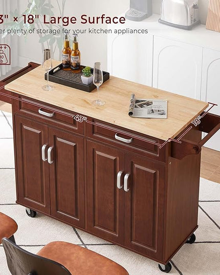 54" Rolling Kitchen Island on Wheels, Large Kitchen Island Cart with Storage Cabinet, Portable Wood Island Table for Kitchen with 2 Drawers and Spice Rack & Towel Rack, Rustic Brown - LeafyLoom