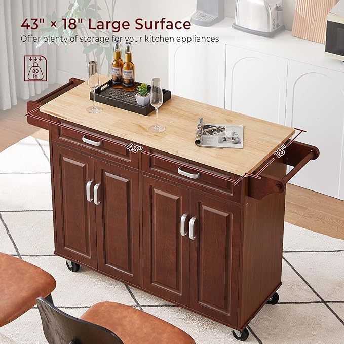 54" Rolling Kitchen Island on Wheels, Large Kitchen Island Cart with Storage Cabinet, Portable Wood Island Table for Kitchen with 2 Drawers and Spice Rack & Towel Rack, Rustic Brown - LeafyLoom
