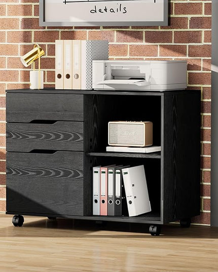 OLIXIS 3 Drawer File Cabinet Lateral Printer Stand with Adjustable Storage Shelves for Home Office Small Space, Black - LeafyLoom
