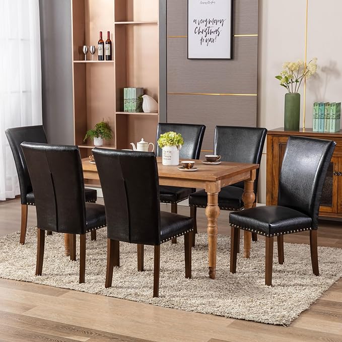 COLAMY Upholstered Parsons Dining Chairs Set of 6, PU Leather Dining Room Kitchen Side Chair with Nailhead Trim and Wood Legs - Black - LeafyLoom