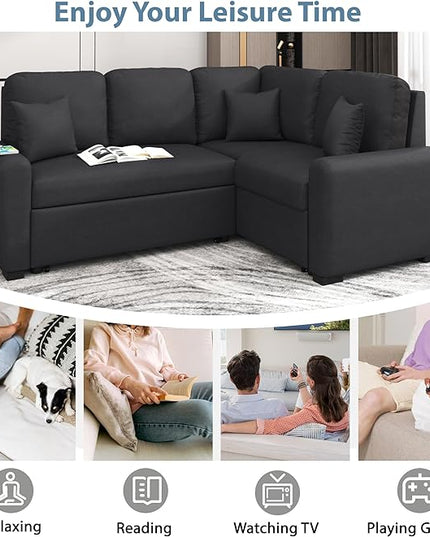 87.4" L-Shape Sectional Sleeper Sofa with Chaise &Pull-out Bed, Chenille Upholstered Couch w/USB Ports, Power Sockets and 3 Pillows, for Living Room, Apartment, 87.4 Inch, Black - LeafyLoom