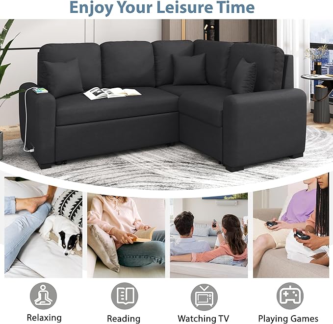 87.4" L-Shape Sectional Sleeper Sofa with Chaise &Pull-out Bed, Chenille Upholstered Couch w/USB Ports, Power Sockets and 3 Pillows, for Living Room, Apartment, 87.4 Inch, Black - LeafyLoom