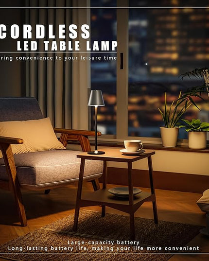 Modern LED CordlessTable Lamp,4000mAh Rechargeable Battery Desk lamp,3 Level Brightness Night Light, Metal Shell,Minimalist Design, for Couple Dinner/Coffee Table/Restaurant/Bedroom(Sliver&Black) - LeafyLoom
