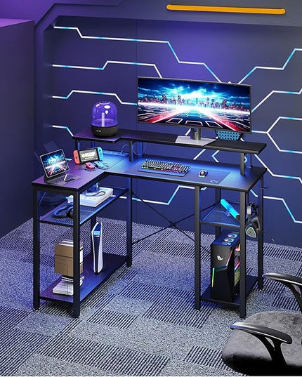 Gaming Desk with Power Outlets & Music Strip Lights, L-Shaped Desk with 2-Layer Storage on Both Sides, Large Monitor Stand for Office Home - LeafyLoom