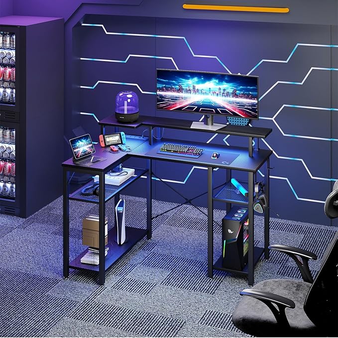 Gaming Desk with Power Outlets & Music Strip Lights, L-Shaped Desk with 2-Layer Storage on Both Sides, Large Monitor Stand for Office Home - LeafyLoom