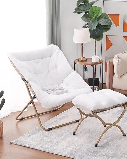Tiita Saucer Chair with Ottoman, Soft Faux Fur Oversized Folding Accent Chair,Lounge Lazy Chair, Metal Frame Moon Chair for Bedroom, Living Room, Dorm Rooms, Garden and Courtyard - LeafyLoom