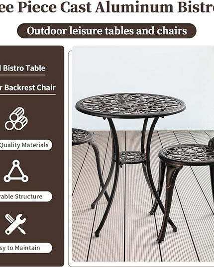 Patio Bistro Sets 3 Piece, Outdoor Bistro Table and Chairs Set of 2 with Umbrella Hole, Cast Aluminum Bistro Set, Patio Furniture for Yard Garden Porch, Bronze - LeafyLoom