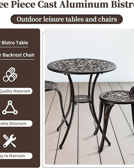 3 Piece Outdoor Bistro Set, Cast Aluminum Bistro Table and Chairs Set, Weather Resistant Patio Metal Bistro Sets, Patio Table Set with Umbrella Hole for Balcony Backyard Garden - LeafyLoom