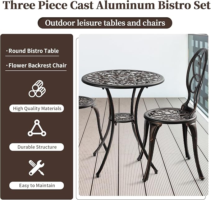 3 Piece Outdoor Bistro Set, Cast Aluminum Bistro Table and Chairs Set, Weather Resistant Patio Metal Bistro Sets, Patio Table Set with Umbrella Hole for Balcony Backyard Garden - LeafyLoom