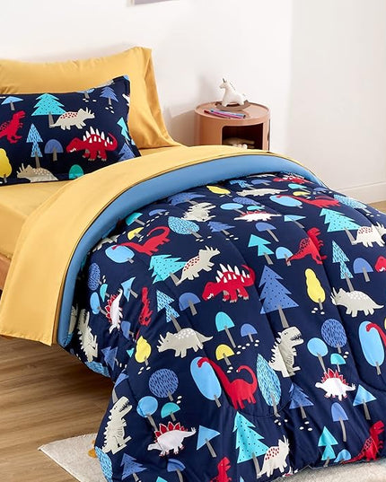 SLEEP ZONE Kids Bedding Comforter Set Full/Queen Size - Super Cute & Soft Kids Bedding 7 Pieces Set with Comforter, Sheet, Pillowcase & Sham (Dinosaur Land) - LeafyLoom
