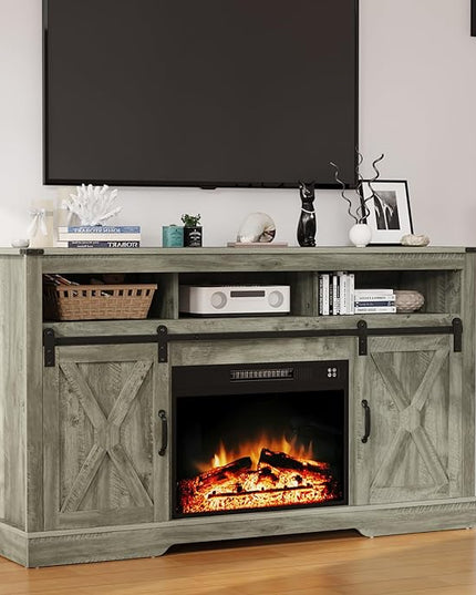 Farmhouse Fireplace TV Stand for 65+ Inch TV, Entertainment Center with 23" Electric Fireplace with Remote, Modern Rustic TV Console with Sliding Bar Door for Living Room, Light Grey - LeafyLoom