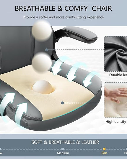 Office Chair Ergonomic Computer Desk Chair, Executive Leather Office Chair with Adjustable Flip-up Armrests Height, Swivel Task Chair with Lumbar Support Rocking Function for Home Office(Gray) - LeafyLoom