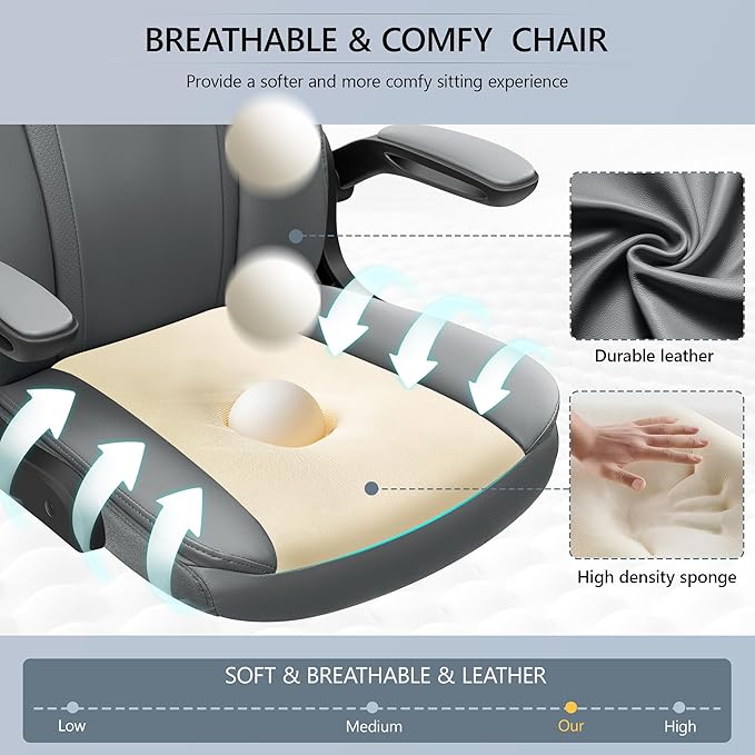 Office Chair Ergonomic Computer Desk Chair, Executive Leather Office Chair with Adjustable Flip-up Armrests Height, Swivel Task Chair with Lumbar Support Rocking Function for Home Office(Gray) - LeafyLoom