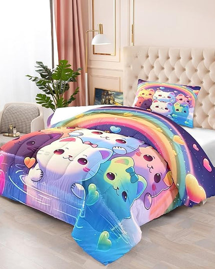 Rainbow Cat Comforter Twin Size - Rainbow Cat Bedding for Girls Room Cute Cartoon Rainbow Bedding Twin Comforter Sets for Kids, 1 Comforter+1 Pillowcase - LeafyLoom