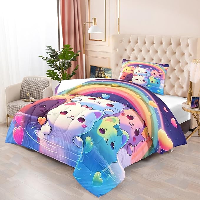 Rainbow Cat Comforter Twin Size - Rainbow Cat Bedding for Girls Room Cute Cartoon Rainbow Bedding Twin Comforter Sets for Kids, 1 Comforter+1 Pillowcase - LeafyLoom